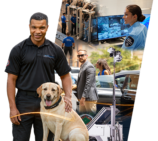 Allied Universal K-9 handler with scenes of executive protection, surveillance and command-center monitoring