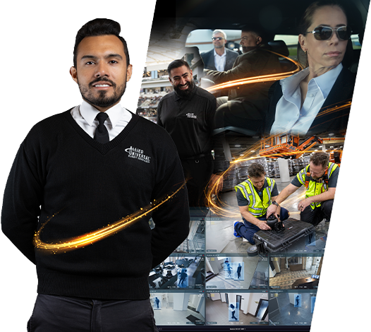 Allied Universal event security services professional with scenes of guest screening, event monitoring and venue security