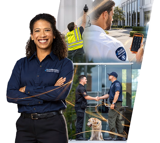 Allied Universal technology specialist with scenes of security system installation, mobile monitoring and on-site protection