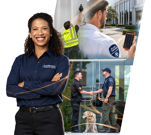 Allied Universal technology specialist with scenes of security system installation, mobile monitoring and on-site protection