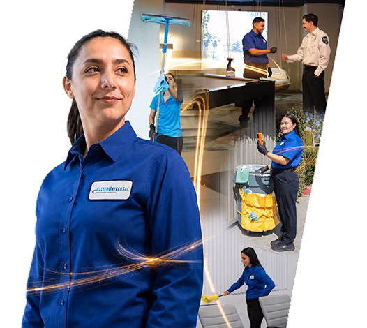  Allied Universal janitorial professional with scenes of commercial cleaning, floor care and facility maintenance