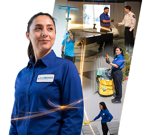  Allied Universal janitorial professional with scenes of commercial cleaning, floor care and facility maintenance