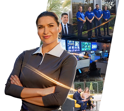Allied Universal professional with scenes of consulting, operations-center monitoring and support teams