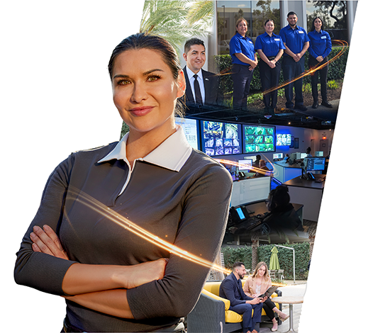 Allied Universal professional with scenes of consulting, operations-center monitoring and support teams