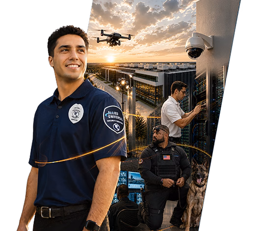 Allied Universal security guard with scenes of drone surveillance, security monitoring and K-9 protection