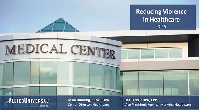 Picture of a medical center with Reducing Violence in Healthcare webinar title