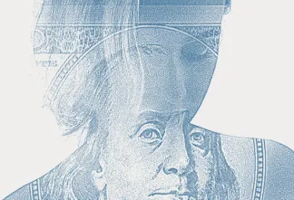 A woman's silhouette blended with Benjamin Franklin’s face from a $100 bill, symbolizing the intersection of trafficking and financial exploitation