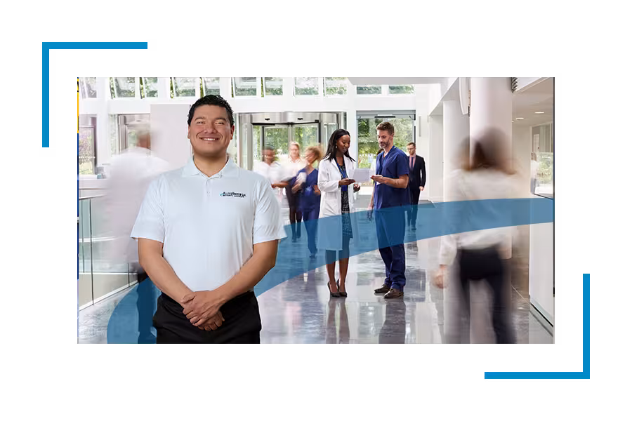 Allied Universal healthcare security guard in uniform in a hospital