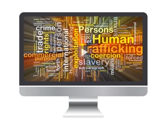 Colorful word cloud highlighting terms related to human trafficking, exploitation, coercion, and human rights