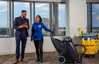 man and woman talking, janitorial services