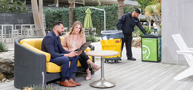 man and woman sittings and talking, janitorial services