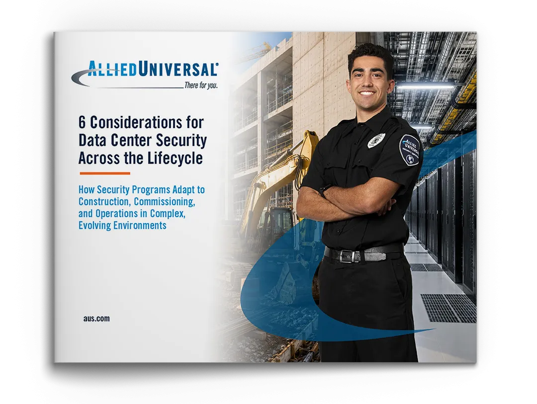 eBook with the title '6 Considerations for data Center Security Across the Lifecycle' with a security guard on the cover